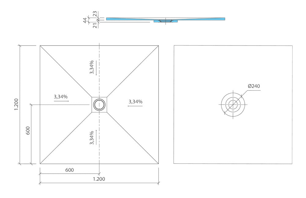 Wedi Fundo Ligno Plus Wet Room Tray: 1200 X 1200 X 23mm CENTRE Drain