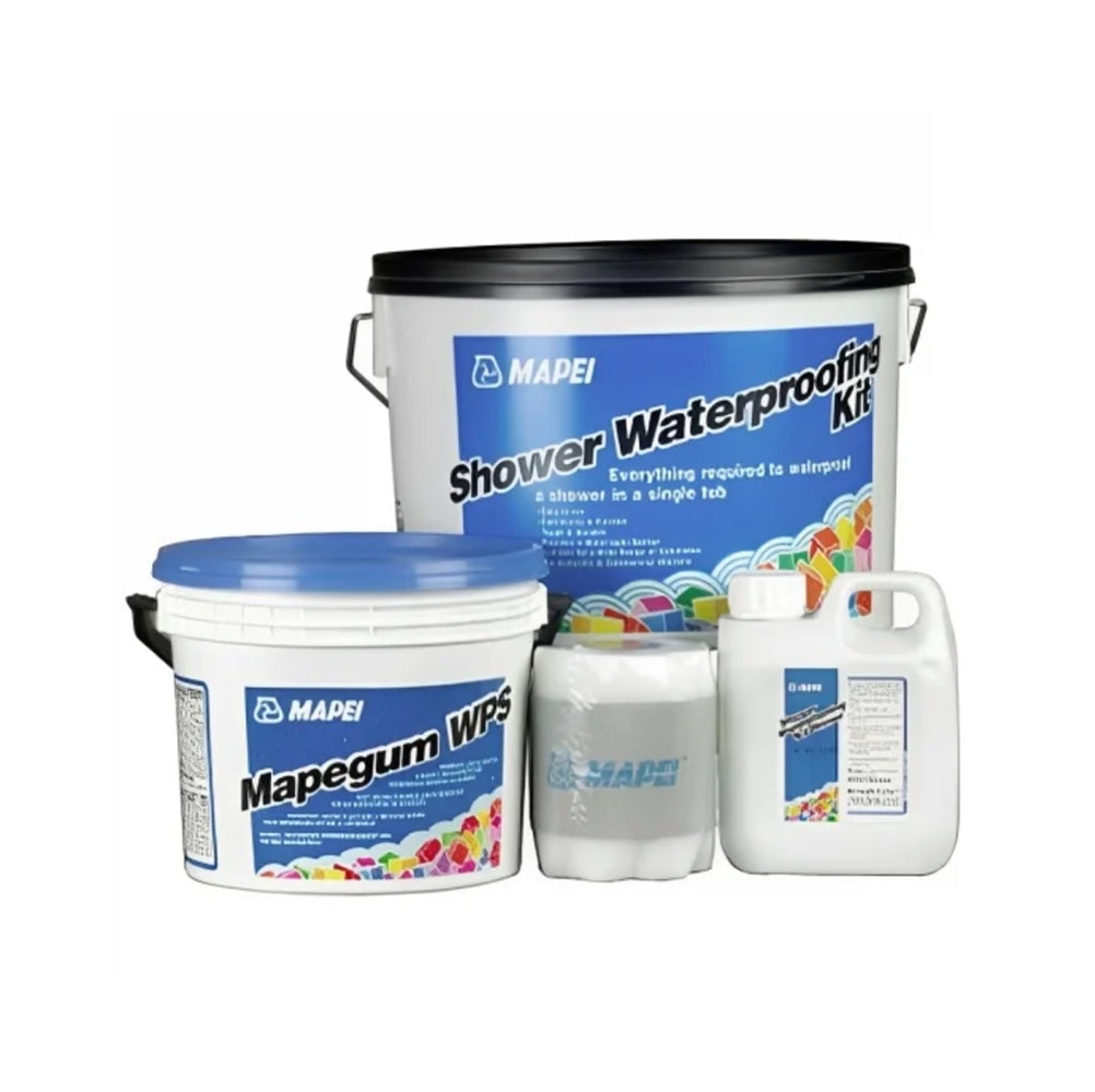 Mapei shower waterproofing kit with various containers.