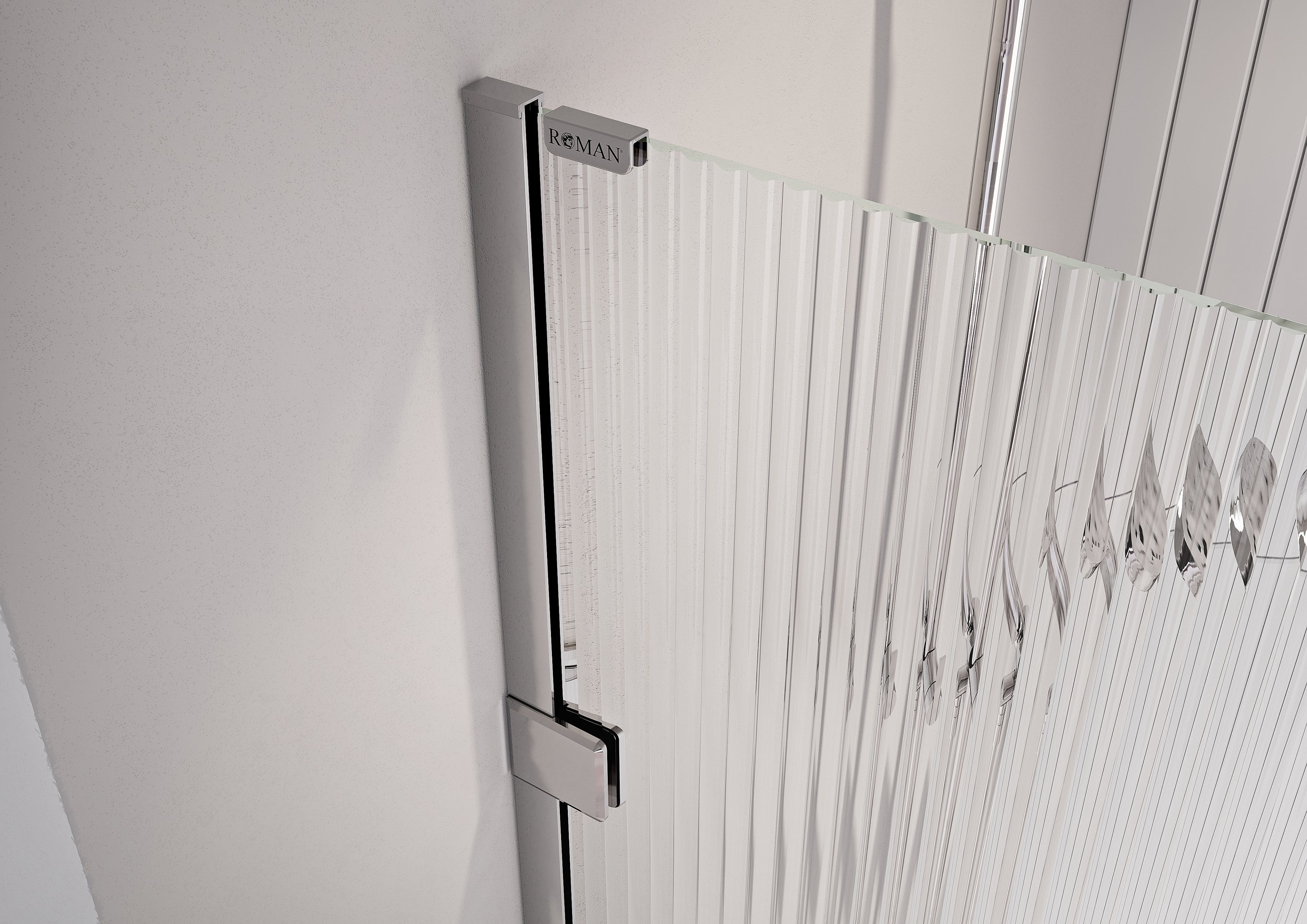 Fluted glass panel with sleek metal hinge on a white wall.