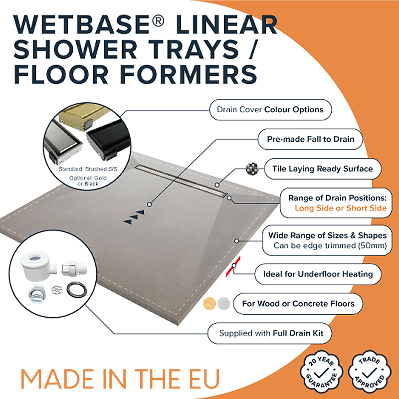 WetBase® Linear Universal Wet Room Walk In Shower Tray with Reversible Cover - 1200 x 1200 x 30mm